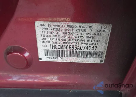 2005 Honda Accord 2.4 Ex из США, поврежденный, VIN 1HGCM56885A074247